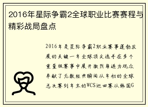 2016年星际争霸2全球职业比赛赛程与精彩战局盘点
